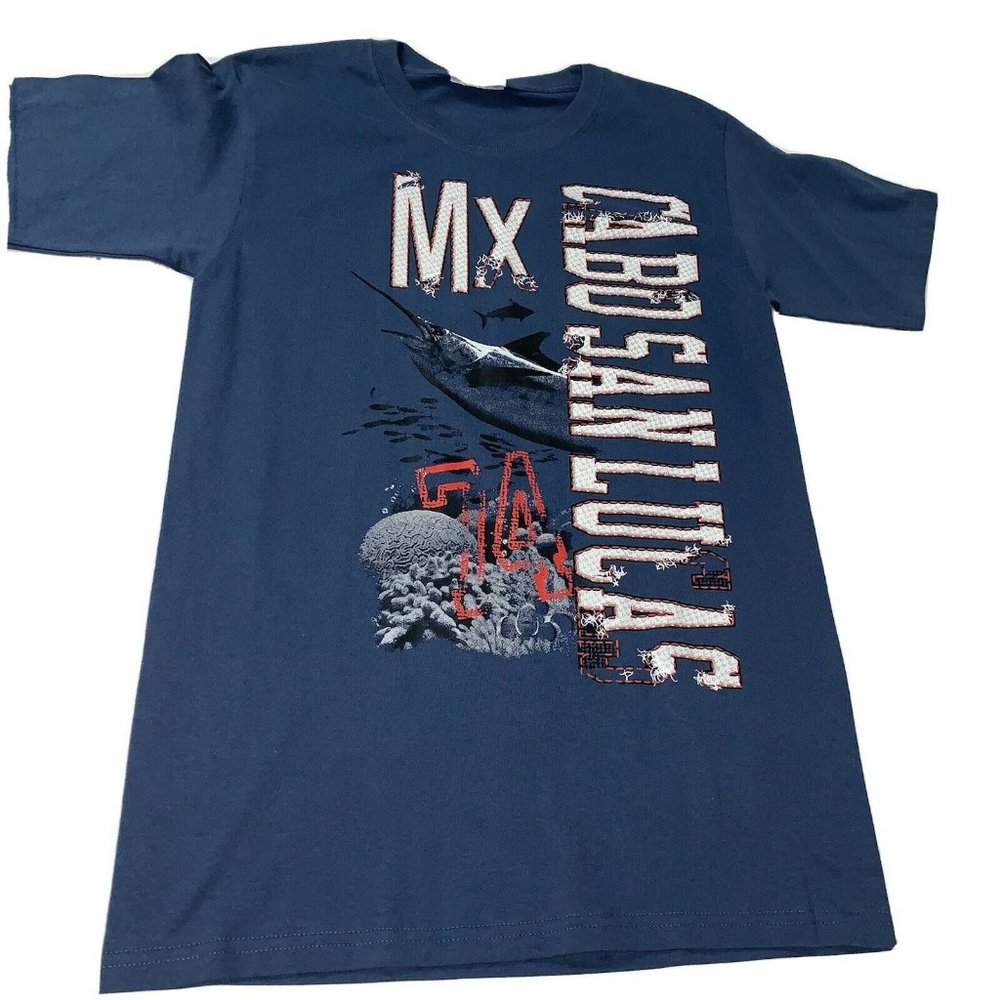 Caribbean Side Cabo San Lucas Mexico Graphic Tshirt Size S Blue Fish Cotton